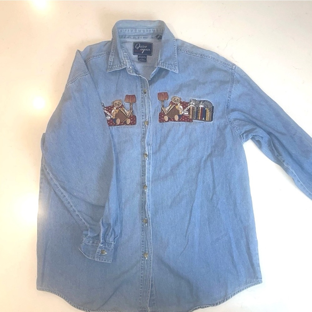 Quizz Again Embroidered Teddy Bears & Cat Long Sleeve Denim VTG Shirt Large